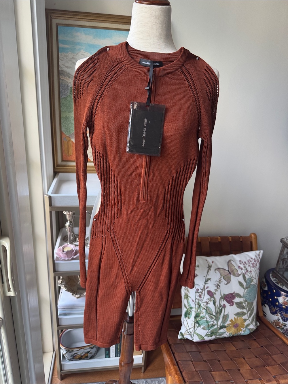 Maniere De Voir Rust Red Knit Zip-Front Long-Sleeve Jumpsuit